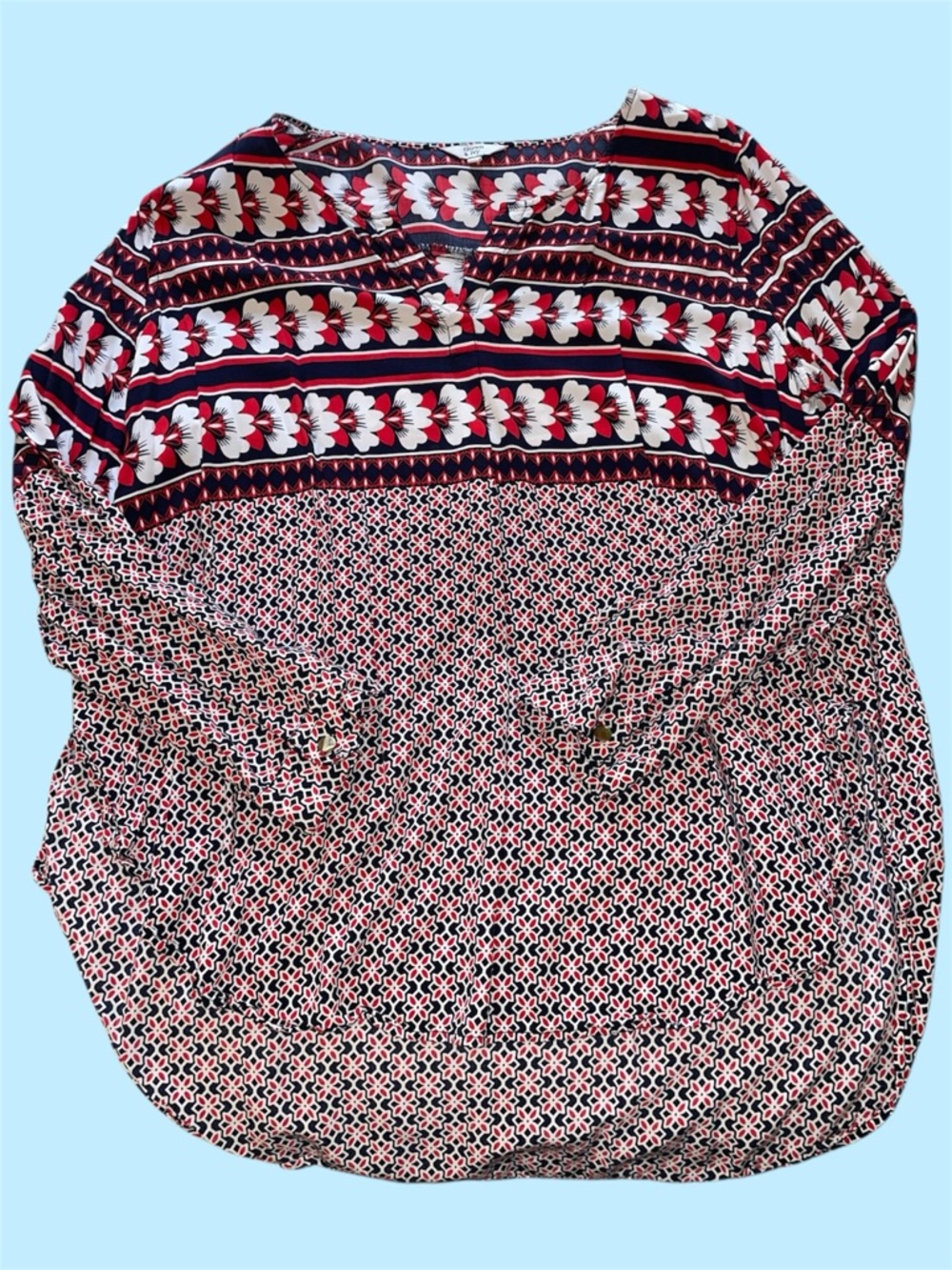 Crown & Ivy Red and Navy Blue split neck patterned blouse